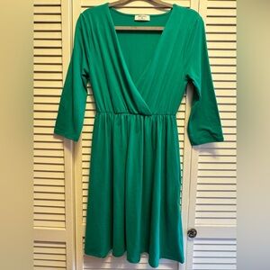 Zenana Medium green V-Neck Dress with Stretch Waist. PTP 16”
